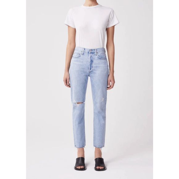 Agolde Light Wash Blue Denim Riley High Rise Straight Crop Jeans Women's Size 32 - Picture 1 of 7